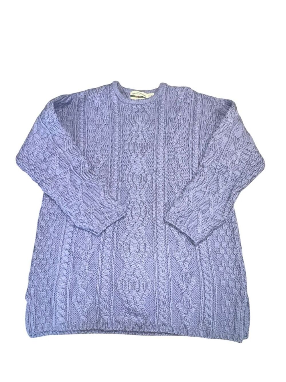 Aran Crafts Ireland Womens XL Periwinkle 100% Wool Cable Knit fisherman Sweater